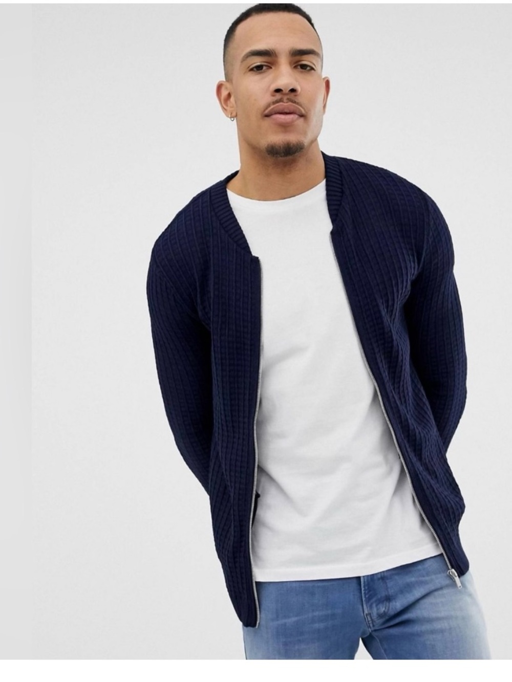 ASOS Men’s waffle knit bomber cardigan Navy  Zip-Up 3XL jacket